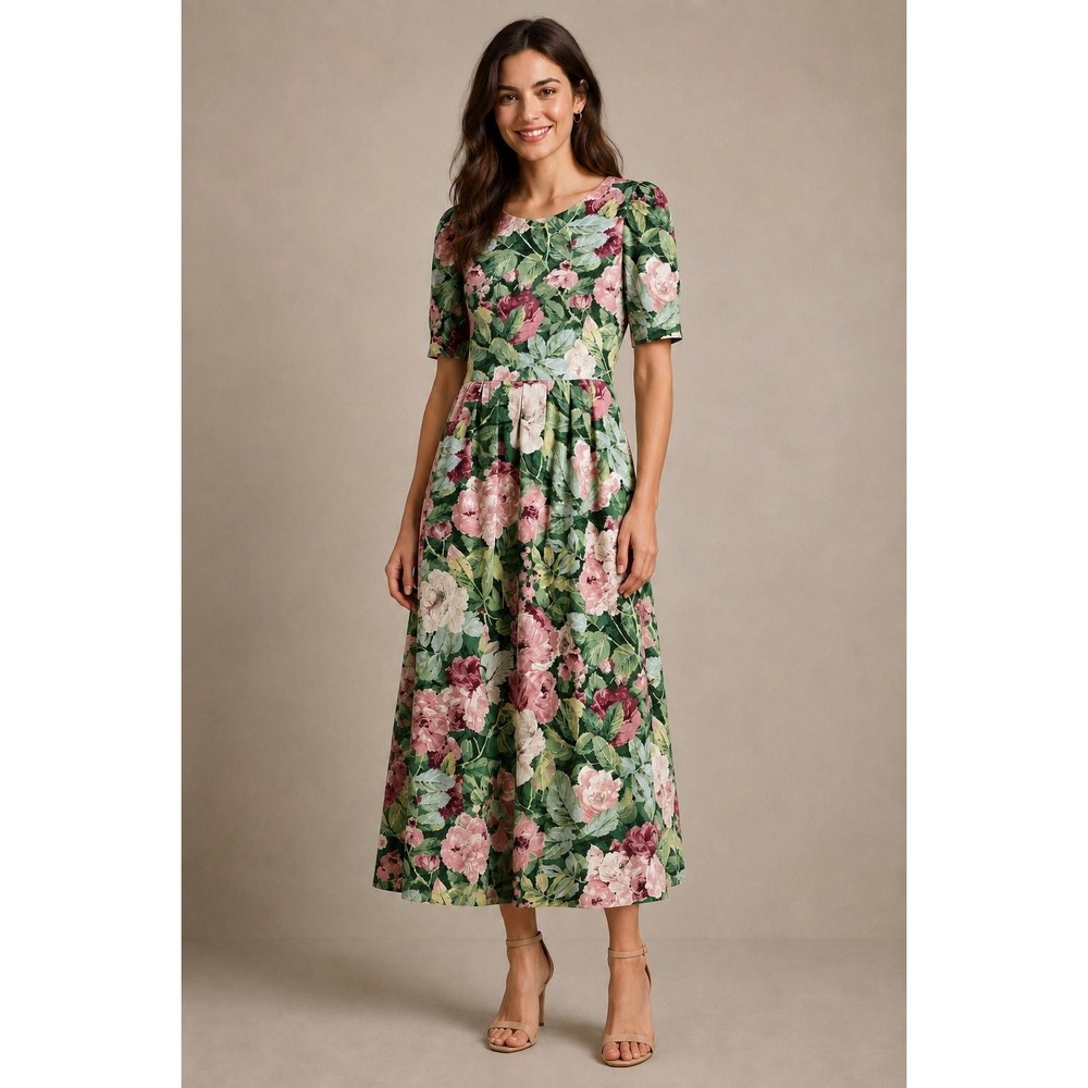 Vintage Lanz Originals Floral Fit Flare Midi Dress Green Pink Puff Sleeve Size S